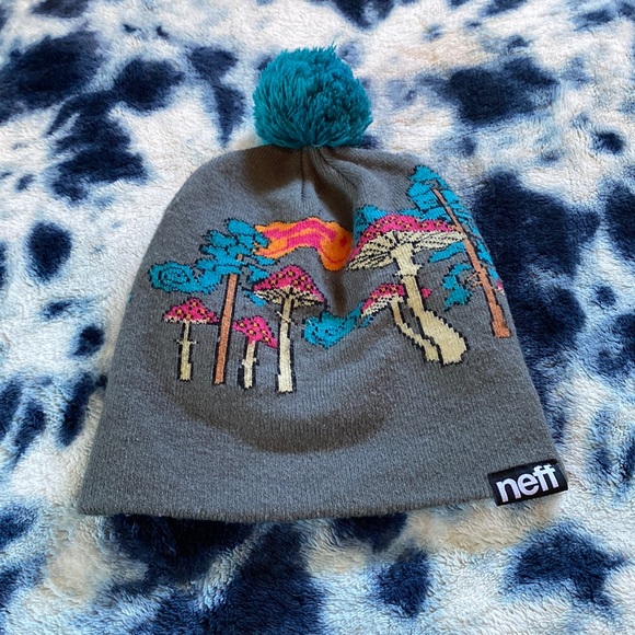 Rare Mushroom Beanie With Blue Pom 
